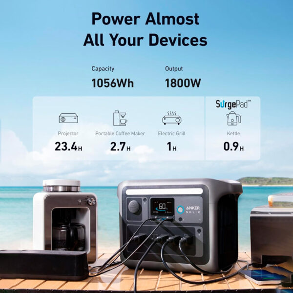Estación de energía portátil Anker SOLIX C1000, generador solar de 1800 W (máximo 2400 W), carga completa en 58 min, batería LiFePO4 de 1056 Wh - Imagen 3