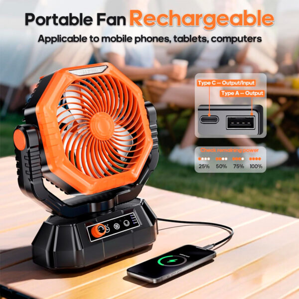 Ventilador Portatil recargable, batería 20000 mAh, con control remoto, luz LED, doble aspa, velocidad continua - Imagen 2